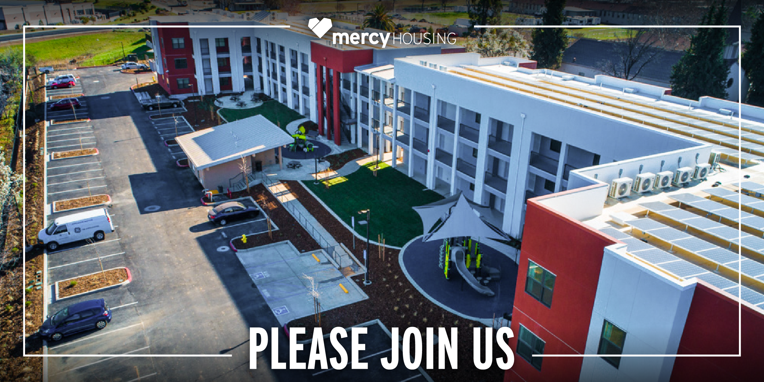 A bird's eye view photo of North Auburn's Building with the caption "Please Join Us"